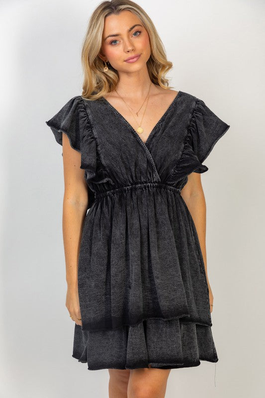 Short Flutter Sleeve Solid Knit Dress in Black 2X