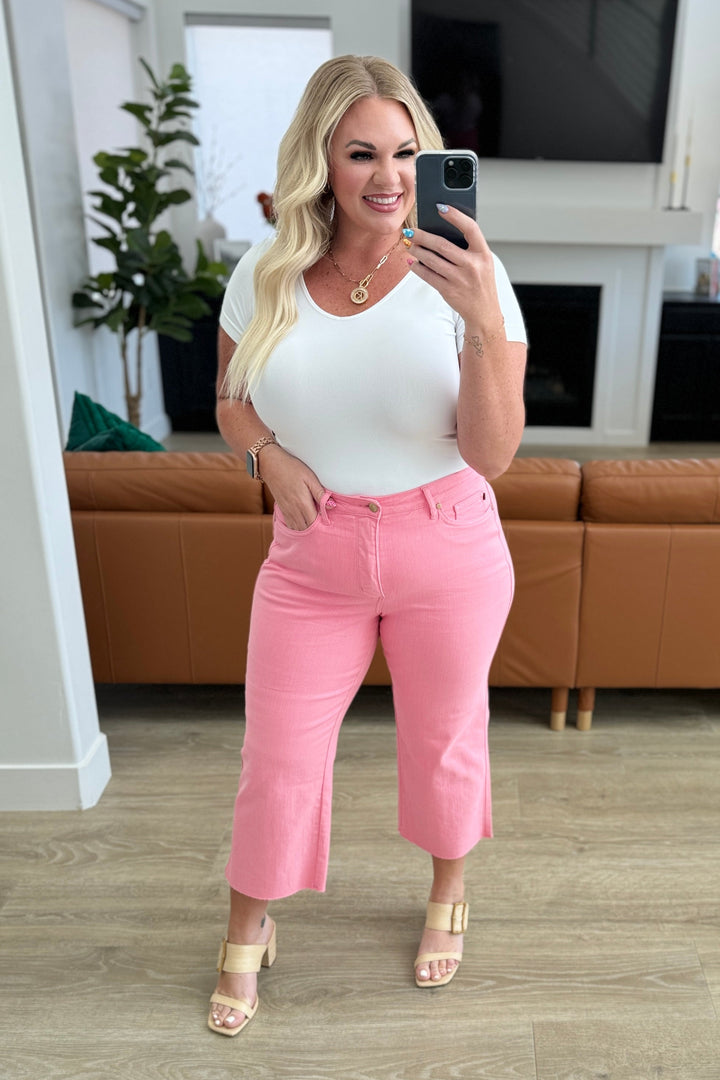 Lisa High Rise **TUMMY CONTROL** Wide Leg Crop Judy Blue Jeans in Pink