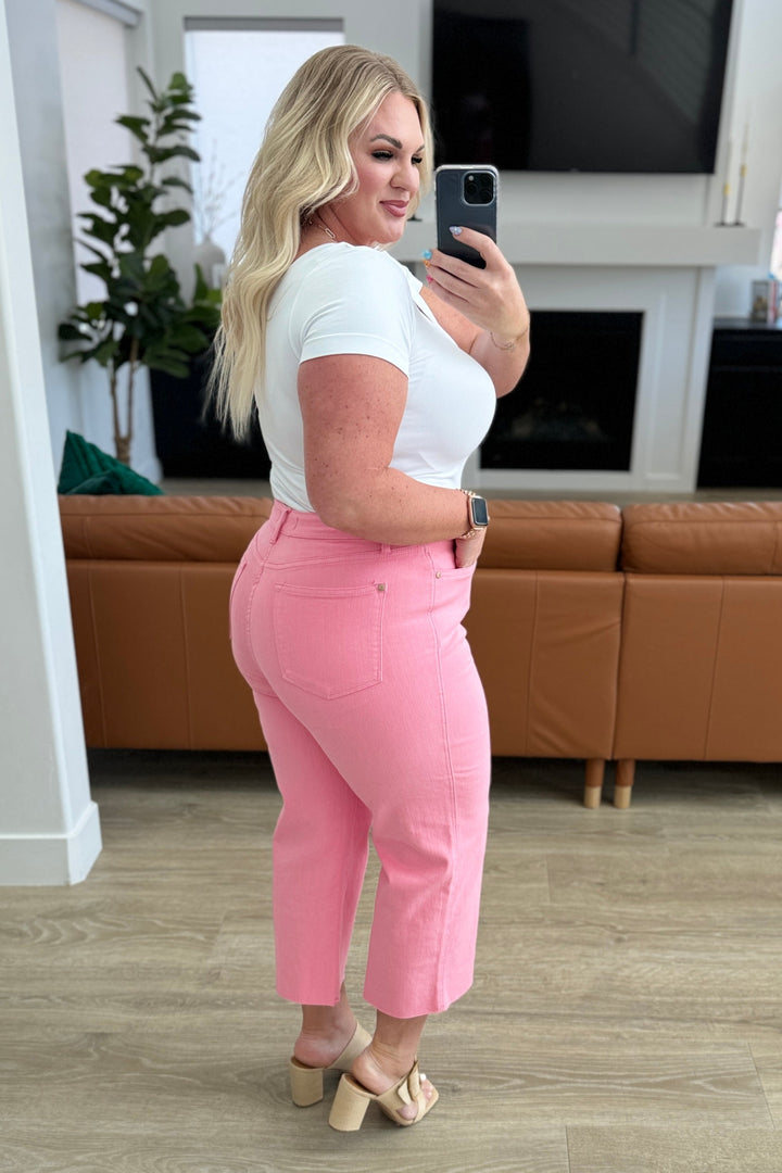 Lisa High Rise **TUMMY CONTROL** Wide Leg Crop Judy Blue Jeans in Pink
