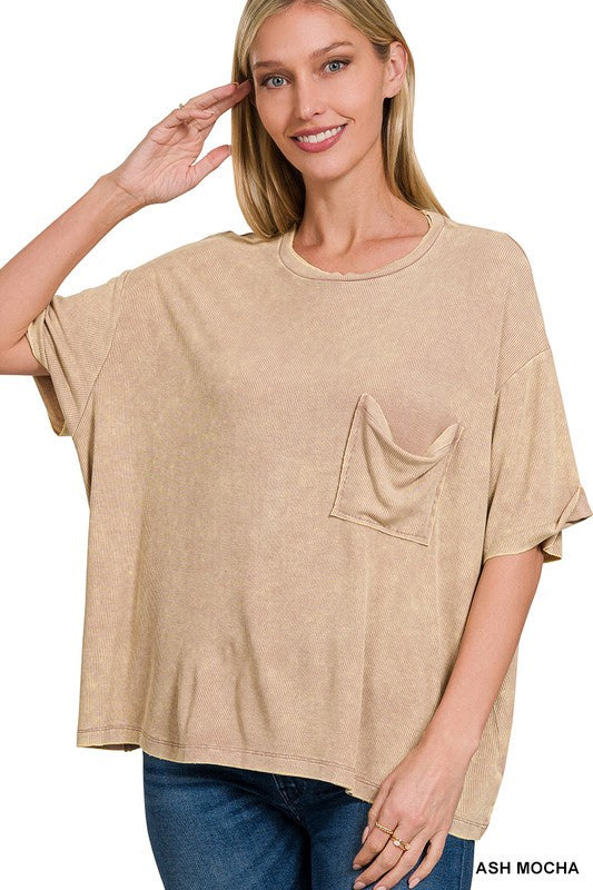 *FAV TEE* Washed Ribbed Cuffed Short Sleeve Round Neck Top