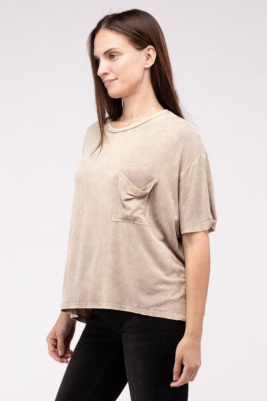 *FAV TEE* Washed Ribbed Cuffed Short Sleeve Round Neck Top
