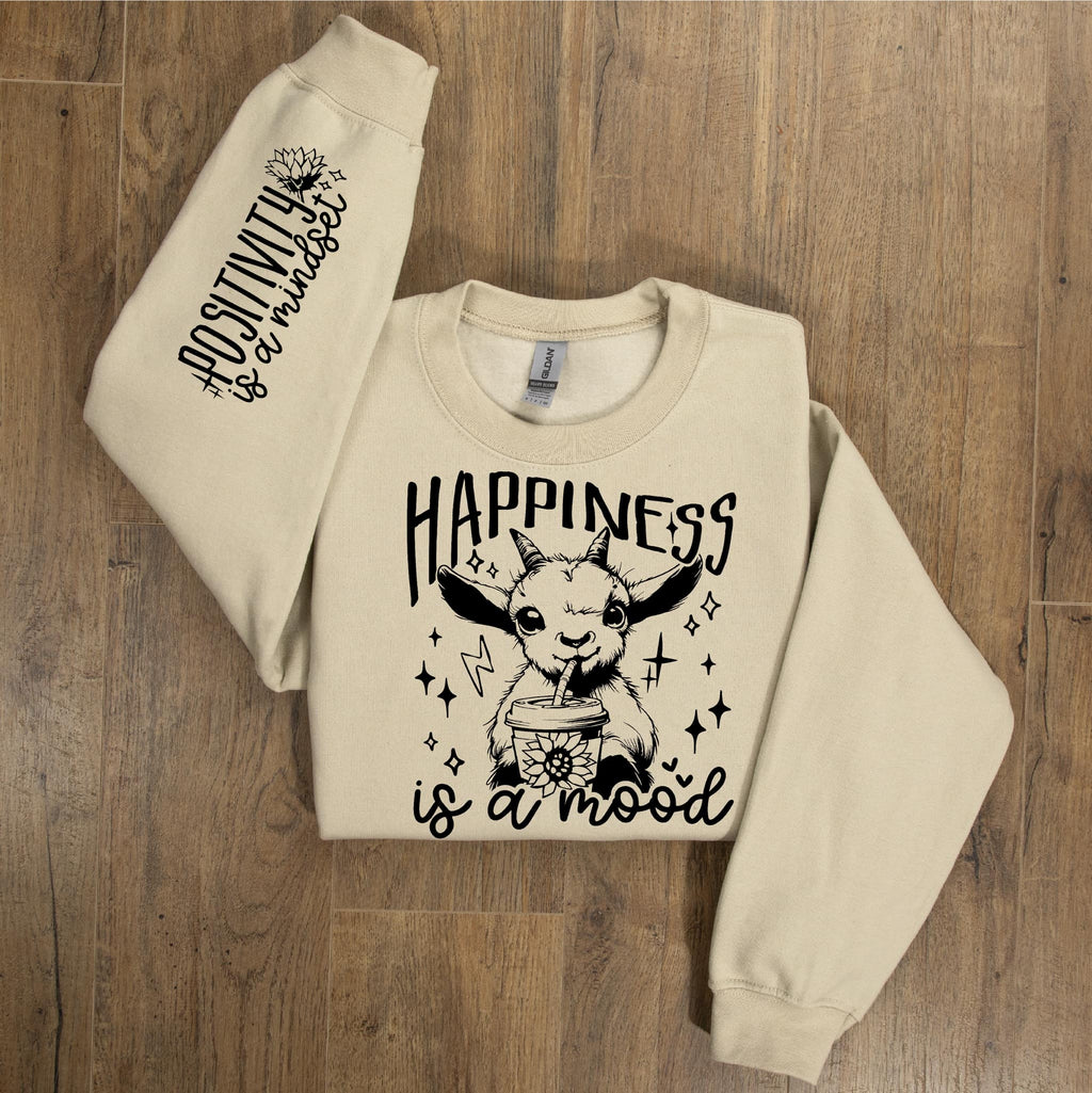 Happiness Is A Mood Goat- With  Sleeve Accent Sweatshirt