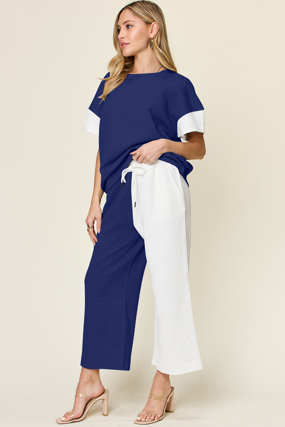 4 Colors* Boujie Babe Textured Contrast T-Shirt and Wide Leg Pants Set