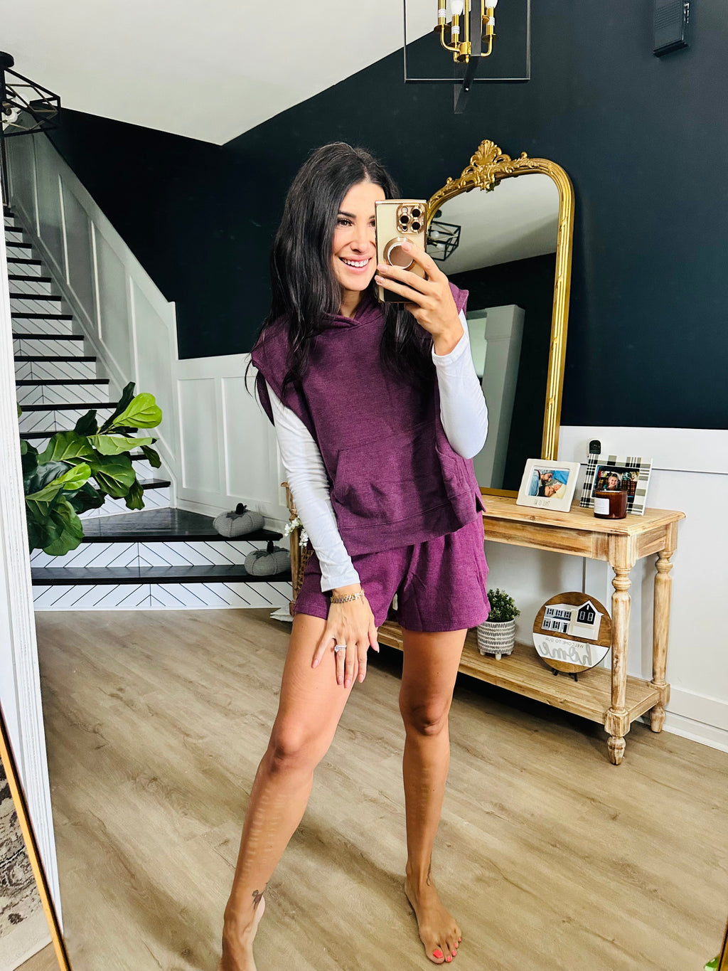Sleeveless Hoodie and Shorts Set in Plum