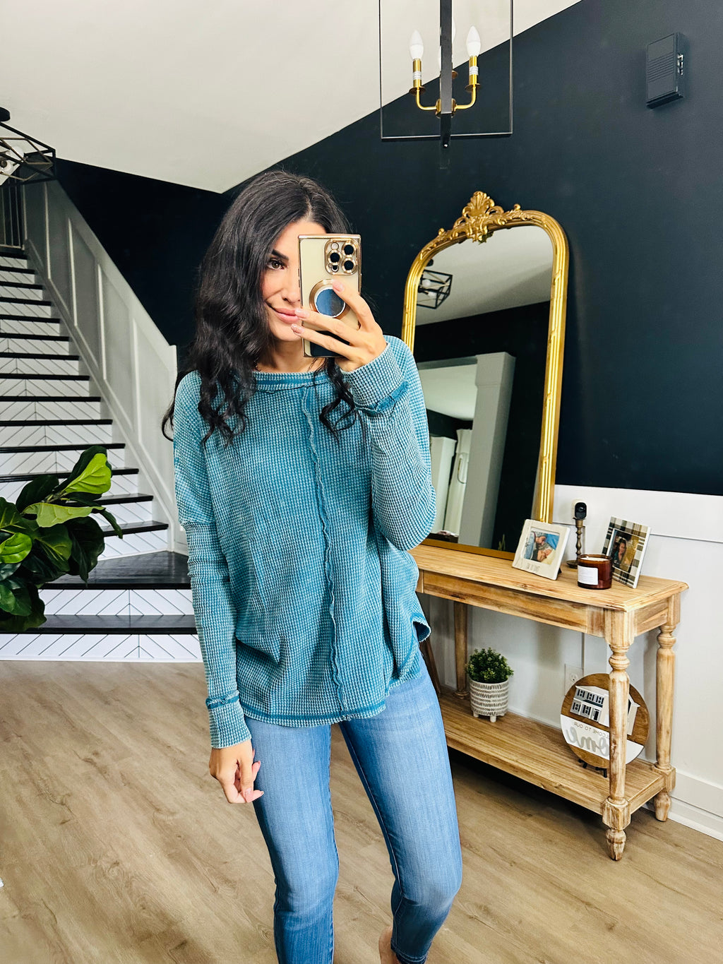 Mineral Wash Baby Waffle Long Sleeve Top in Teal