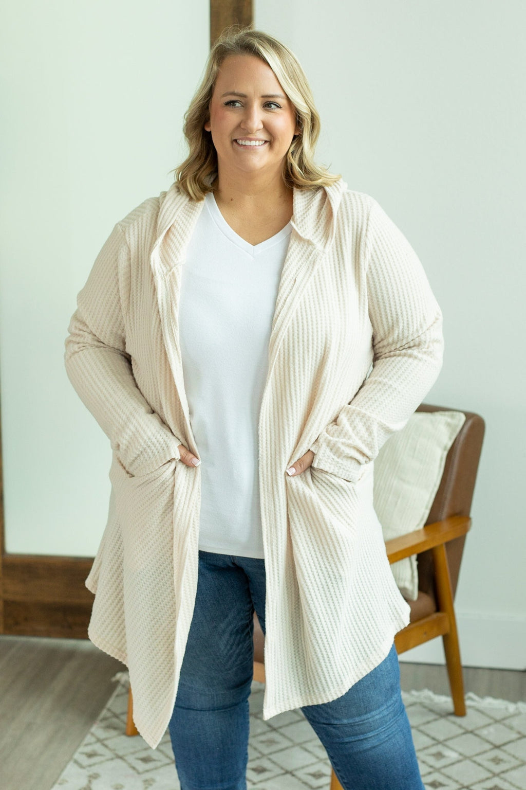 IN STOCK Claire Hooded Waffle Cardigan - Oatmeal