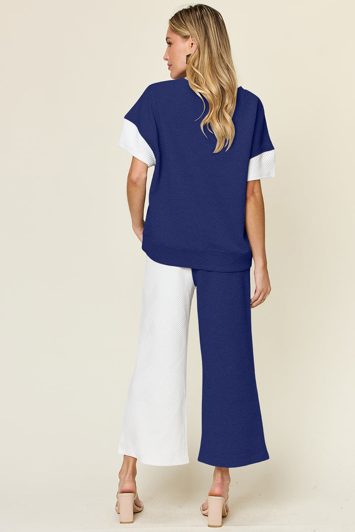 4 Colors* Boujie Babe Textured Contrast T-Shirt and Wide Leg Pants Set
