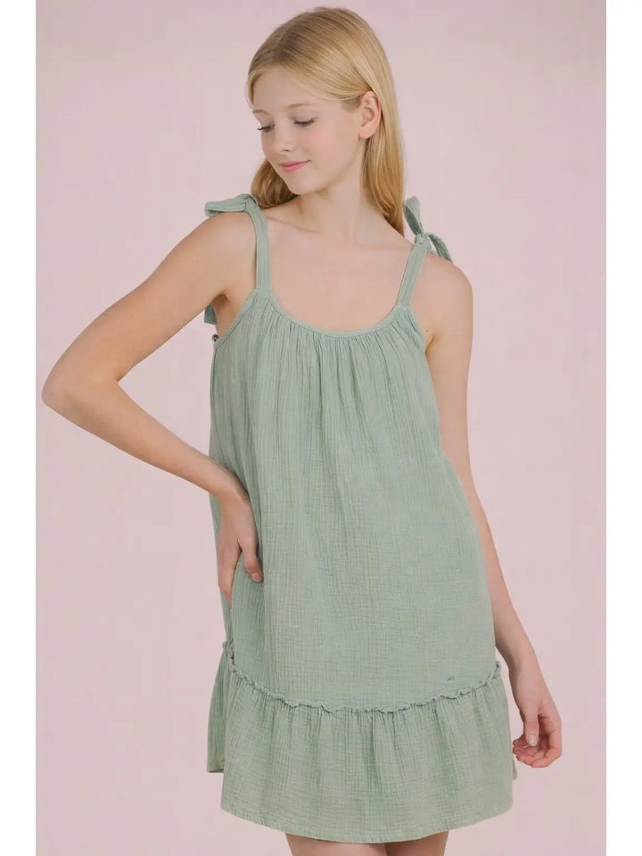 Shoulder Tie Dress- Acid Wash