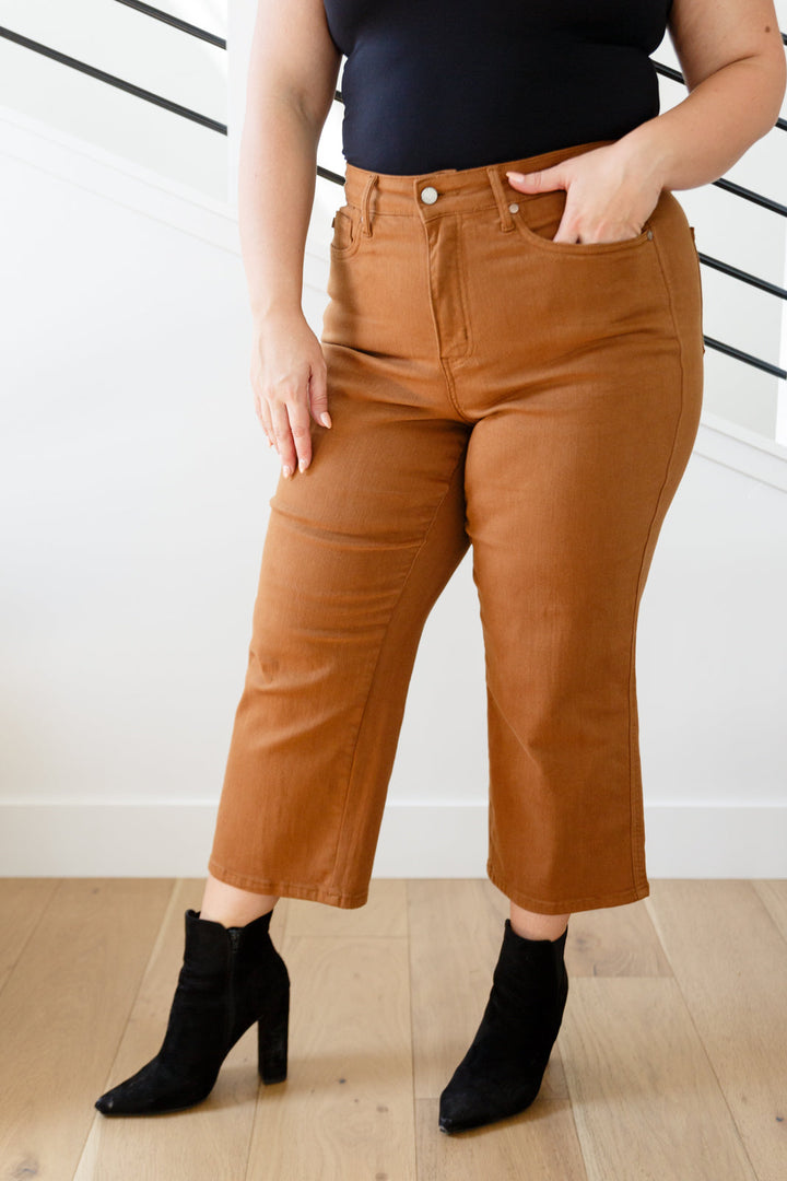 Judy Blue Briar High Rise *TUMMY CONTROL* Wide Leg Crop Jeans in Camel