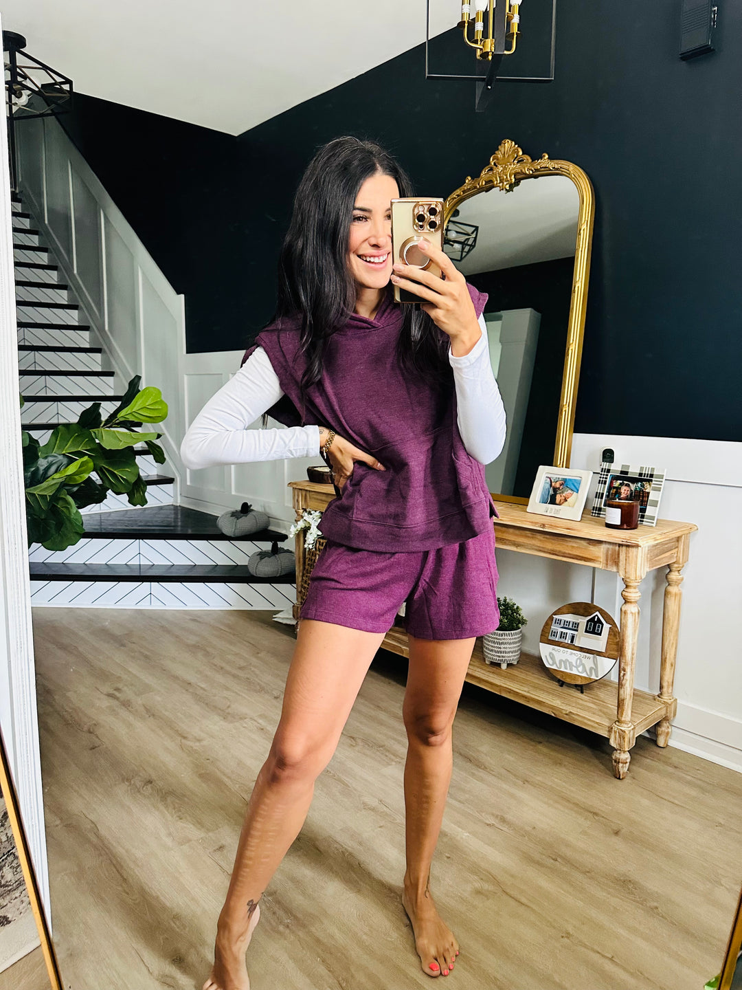 Sleeveless Hoodie and Shorts Set in Plum
