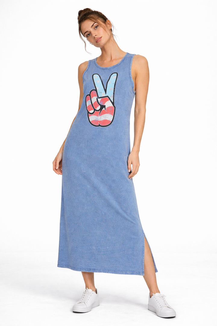 Peace Tank Dress- Acid Wash