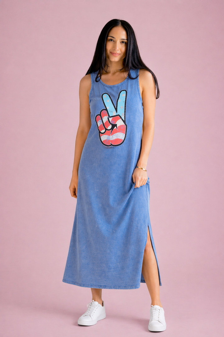 Peace Tank Dress- Acid Wash