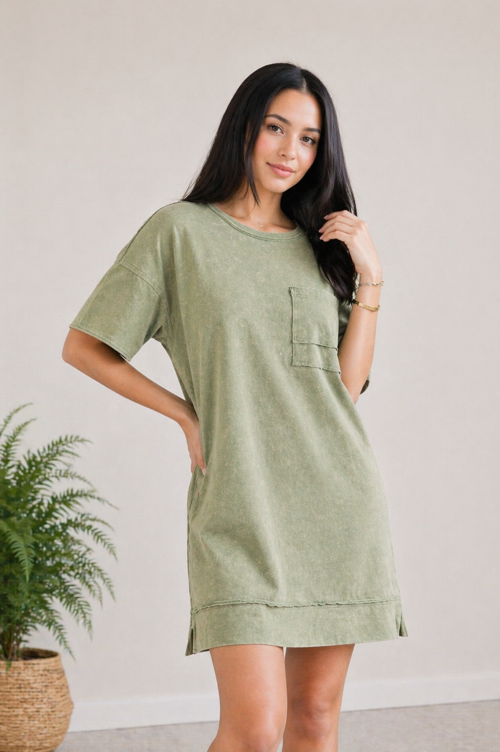 Oversized T-shirt Dress- Acid Wash SAGE / L