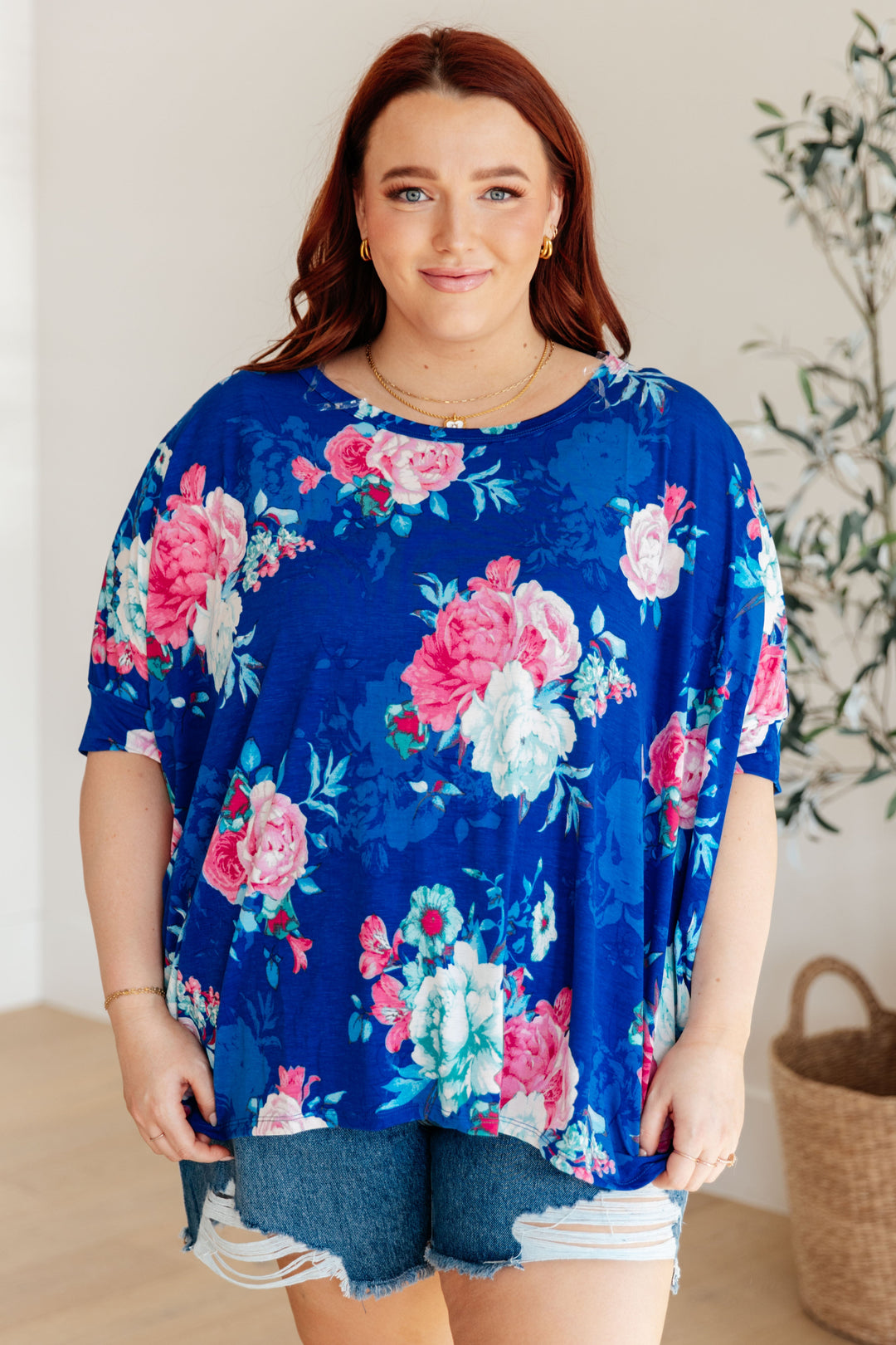 Dear Scarlett Essential Blouse in Royal and Pink Floral - OW *FINAL SALE*