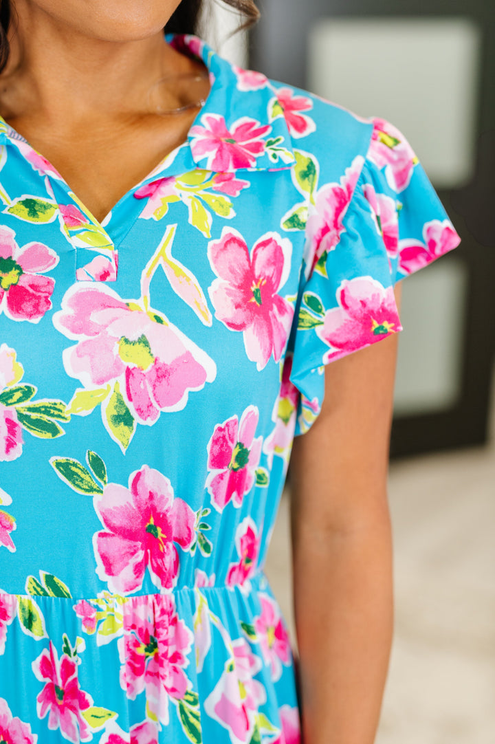 Fleurget Me Not Tiered Flutter Sleeve Dress in Aqua