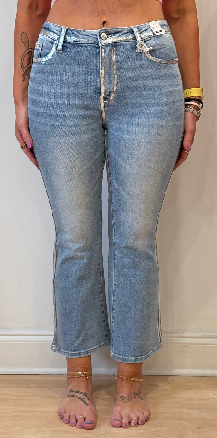 Metallic Seam Mid Rise Judy Blue Flare