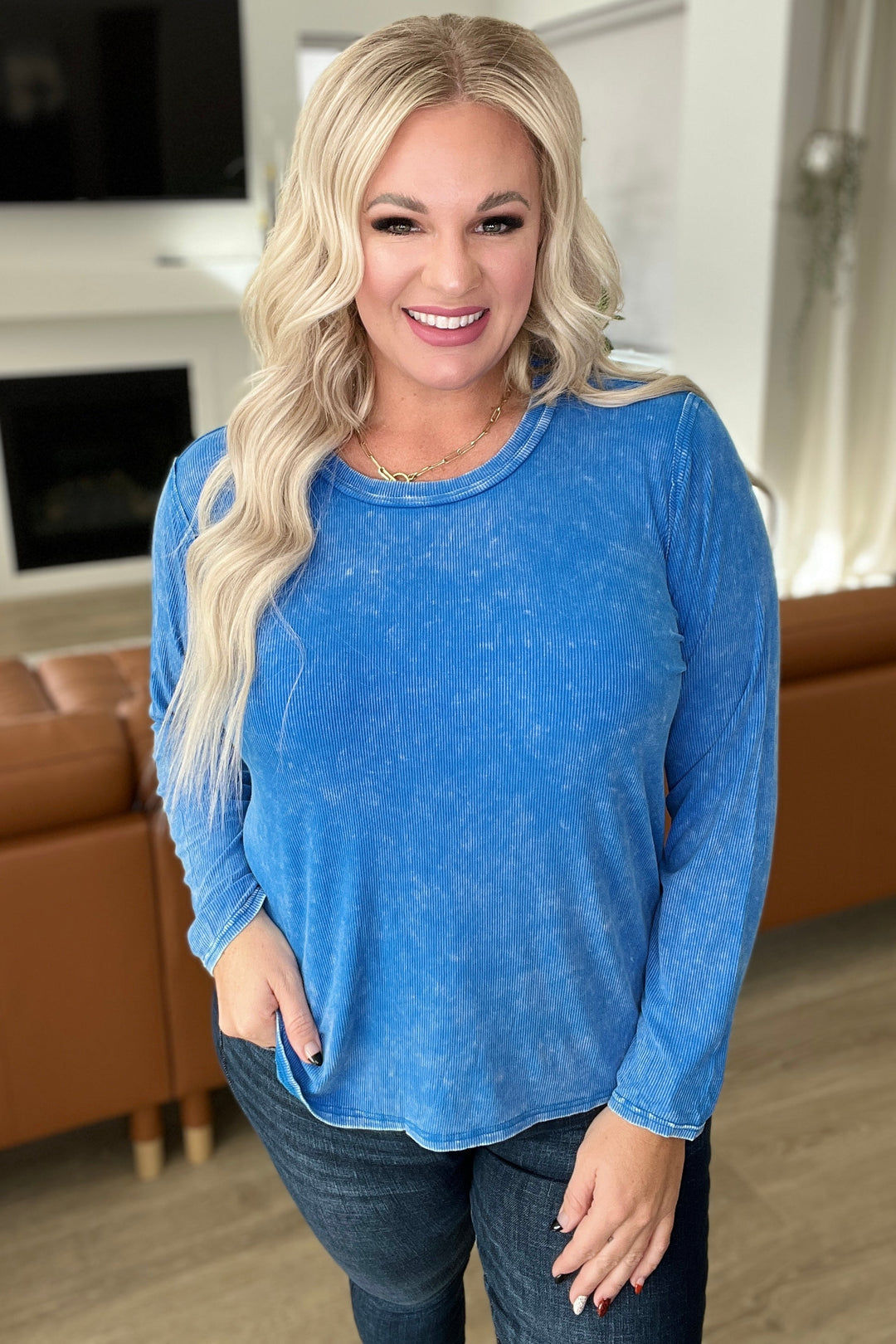 Mineral Wash Ribbed Scoop Neck Top in Ocean Blue - OW *FINAL SALE*
