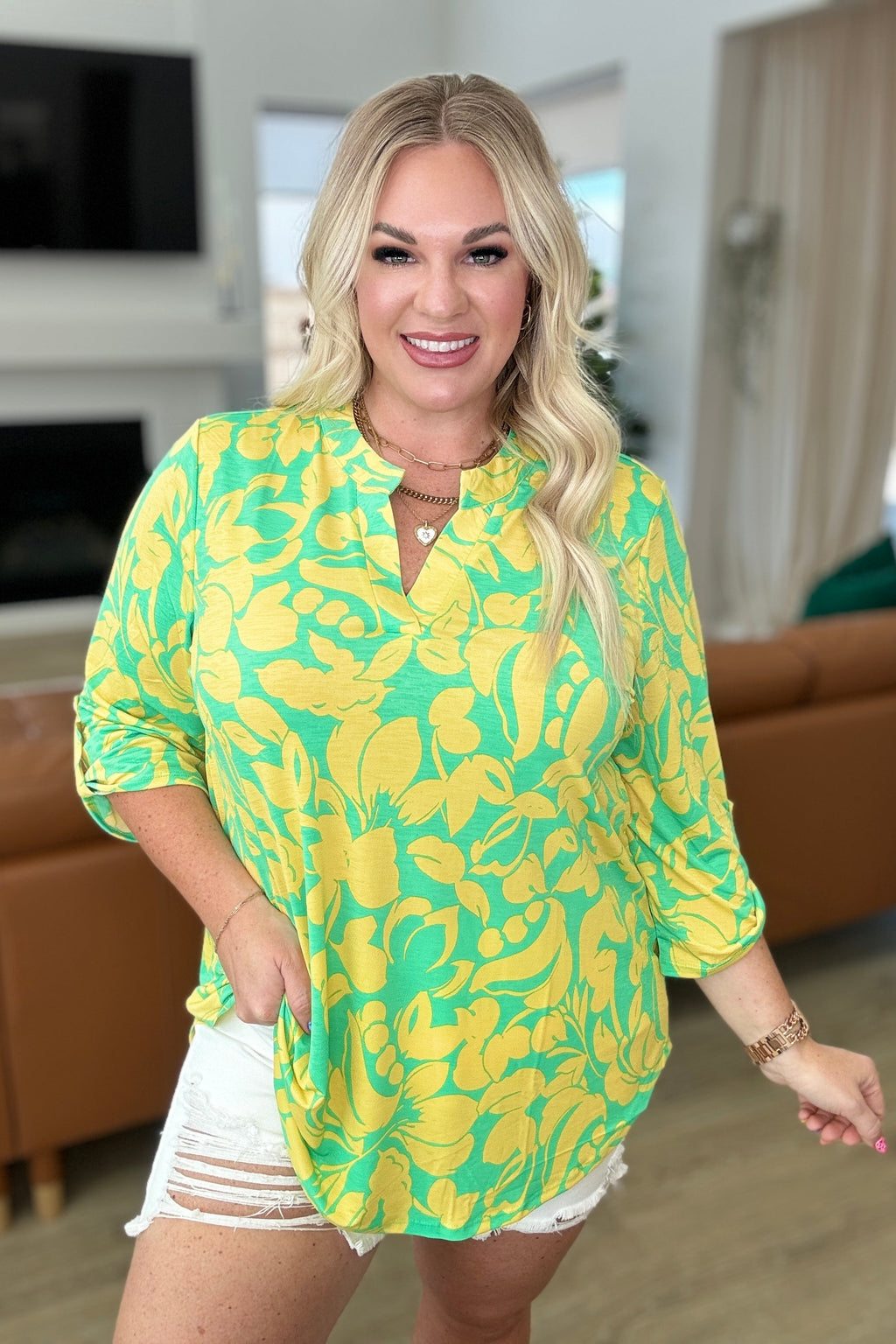 Lizzy Top in Kelly Green and Yellow Floral