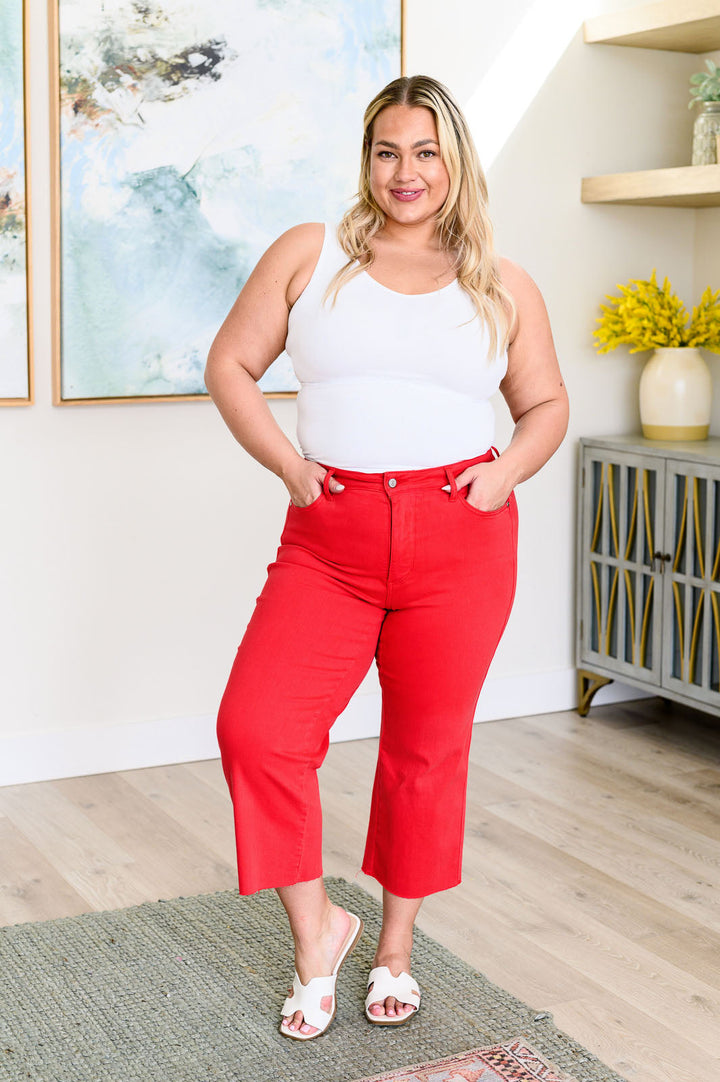Lisa High Rise **TUMMY CONTROL** Wide Leg Crop Judy Blue Jeans in Red