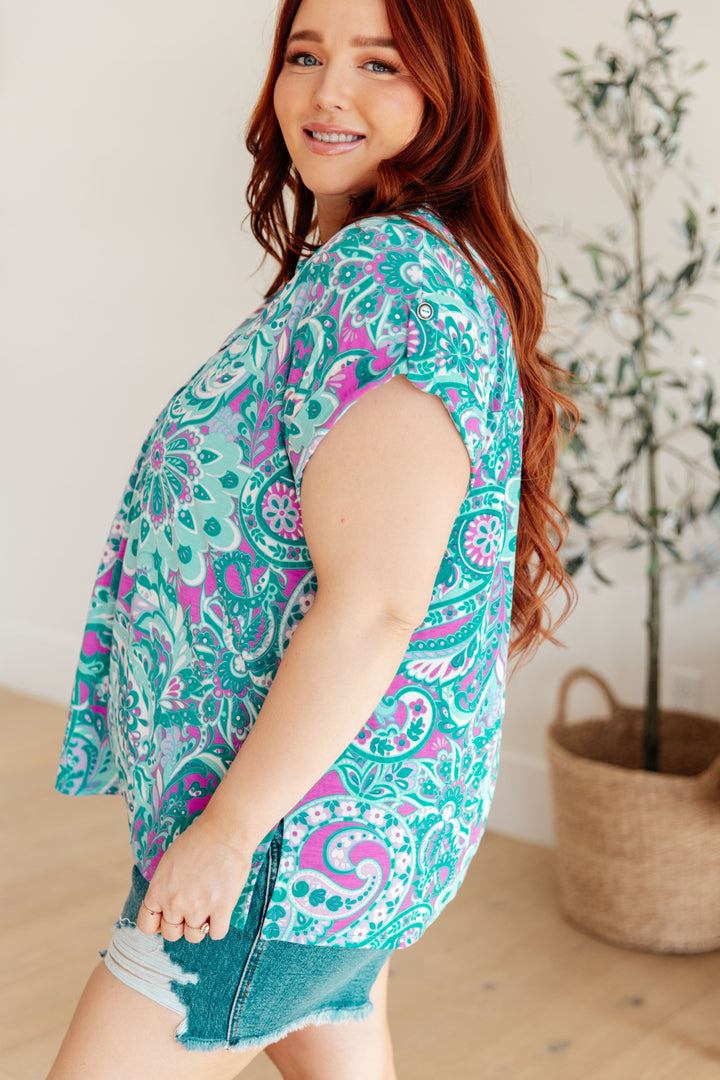 Dear Scarlett Lizzy Cap Sleeve Top in Magenta and Teal Paisley