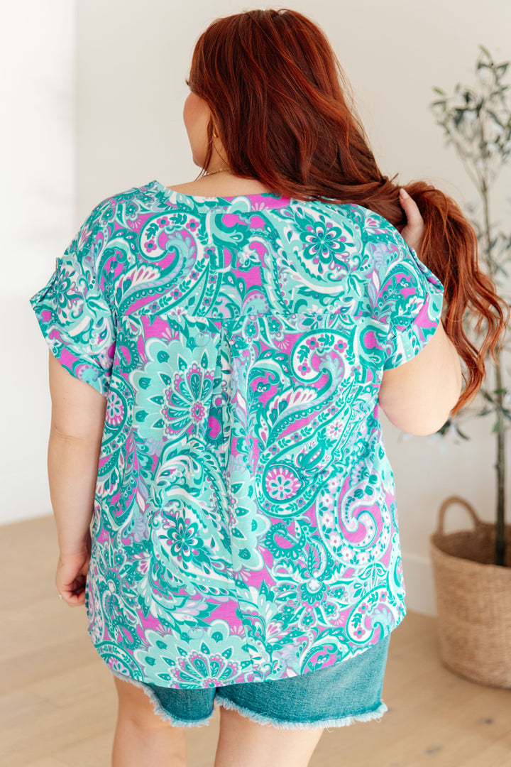 Dear Scarlett Lizzy Cap Sleeve Top in Magenta and Teal Paisley