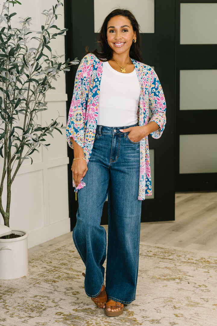 Lizzy Cardigan in Teal and Pink Floral Abstract