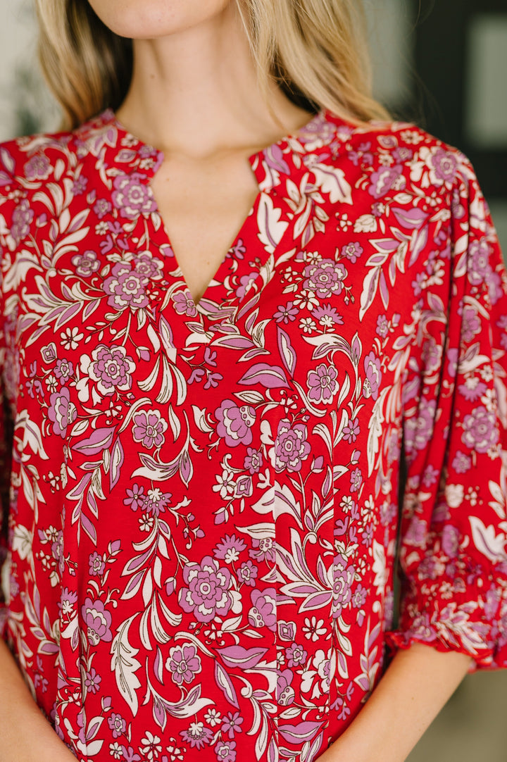 Lizzy Smock Top in Red and Pink Floral