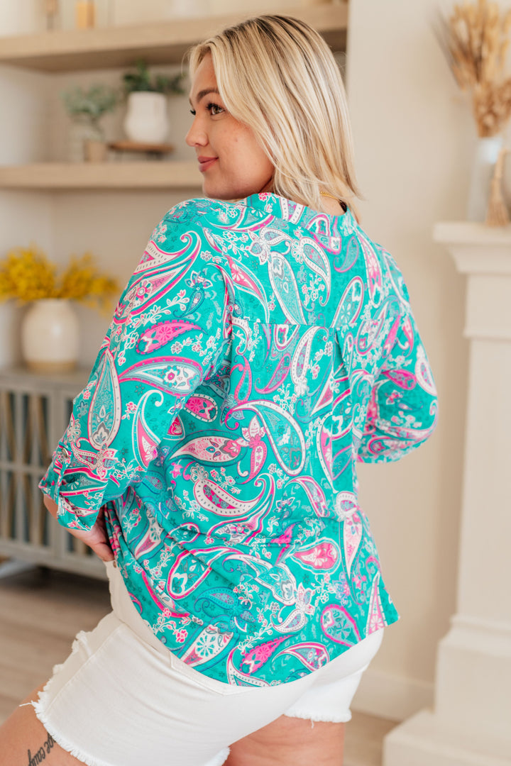 Dear Scarlett Lizzy Top in Aqua and Pink Paisley