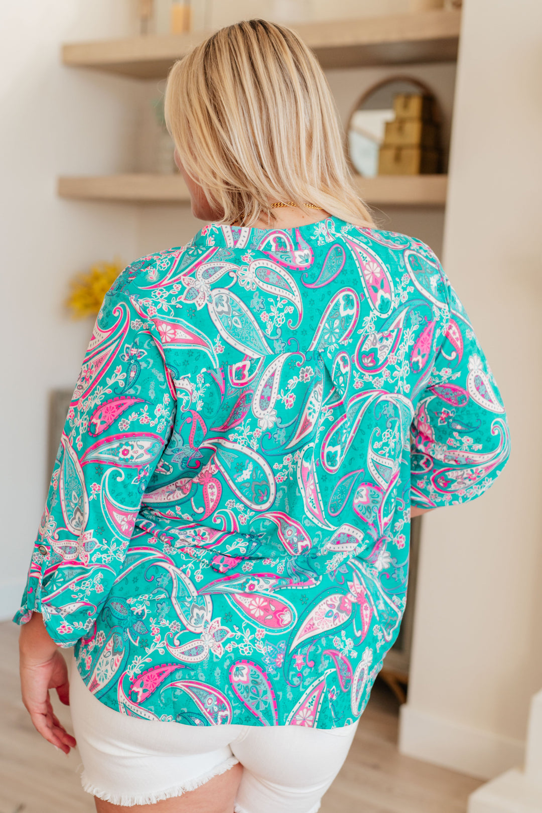 Dear Scarlett Lizzy Top in Aqua and Pink Paisley