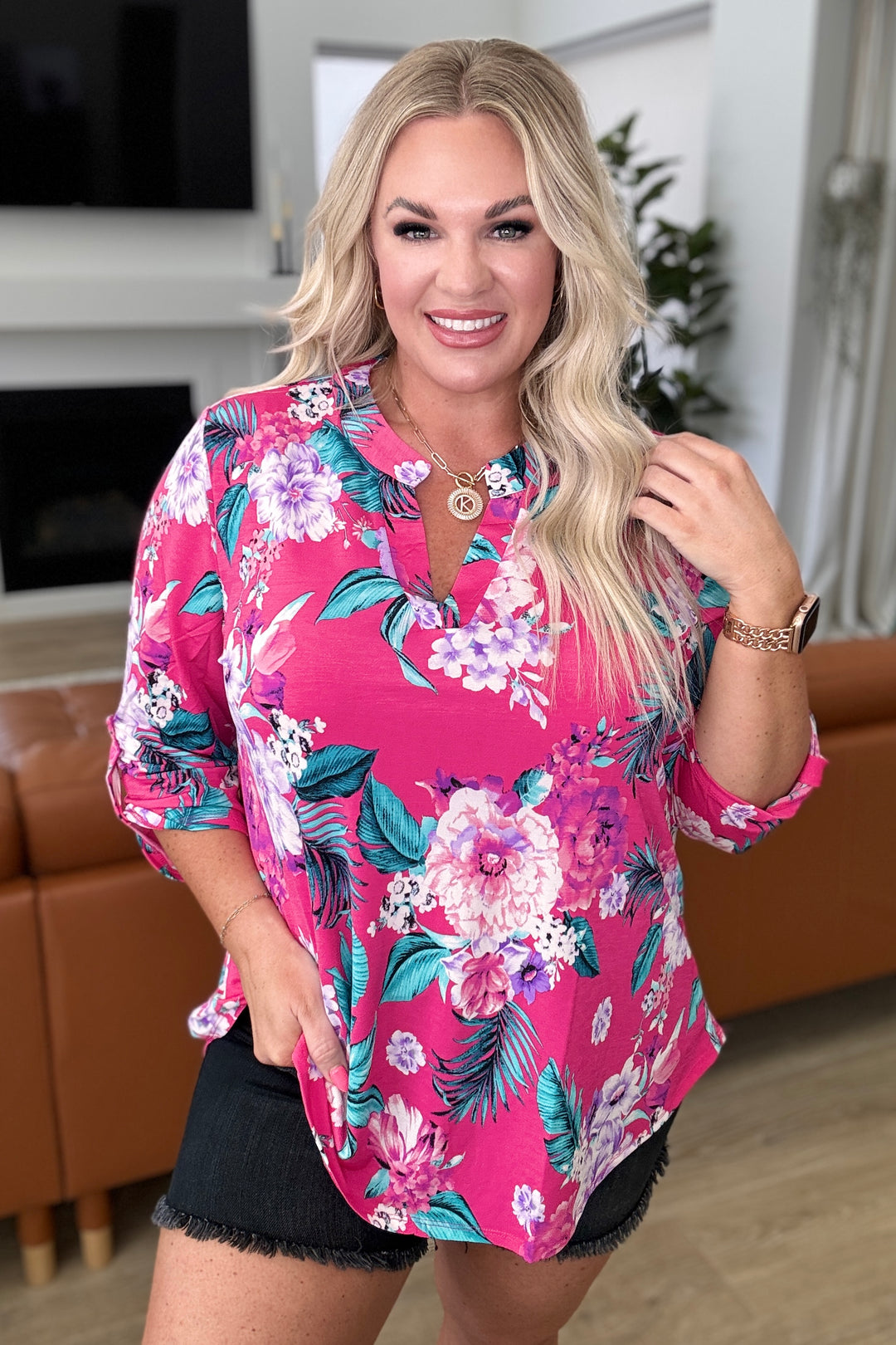 Dear Scarlett Lizzy Top in Magenta and Teal Tropical Floral