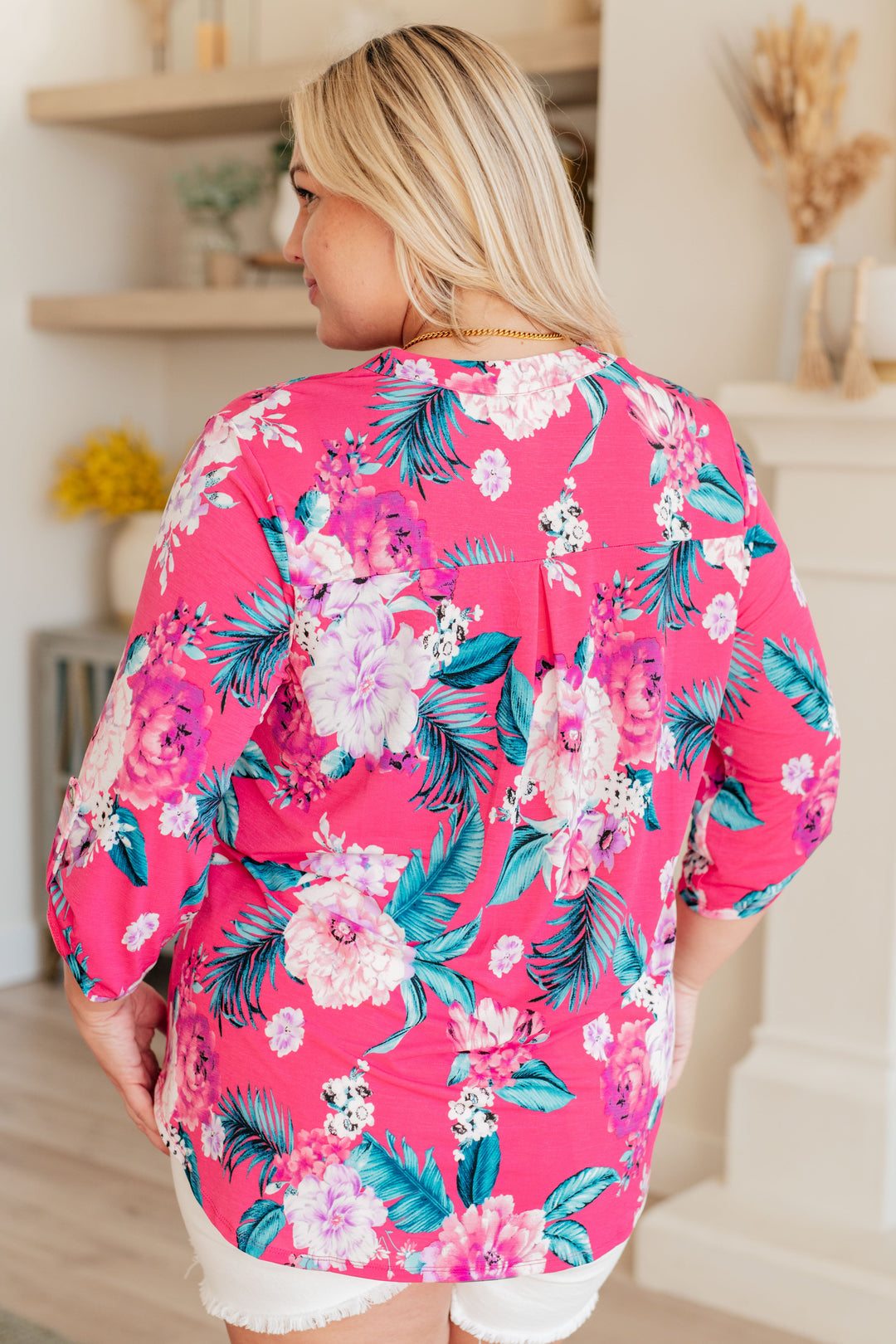 Dear Scarlett Lizzy Top in Magenta and Teal Tropical Floral