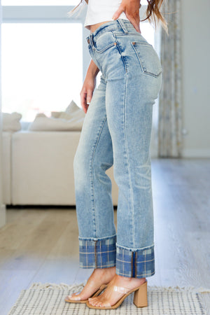 Miranda High Rise Plaid Cuff Vintage Judy Blue Straight Jeans