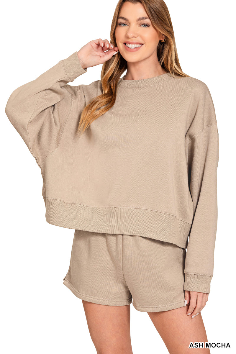 FLEECE ROUND NECK PULLOVER & SHORTS SET-ZENANA