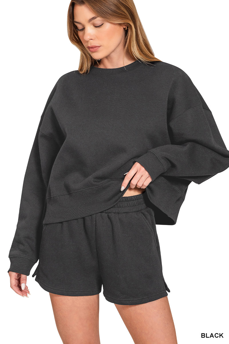 FLEECE ROUND NECK PULLOVER & SHORTS SET-ZENANA