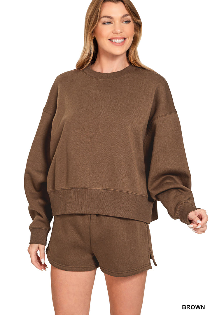 FLEECE ROUND NECK PULLOVER & SHORTS SET-ZENANA