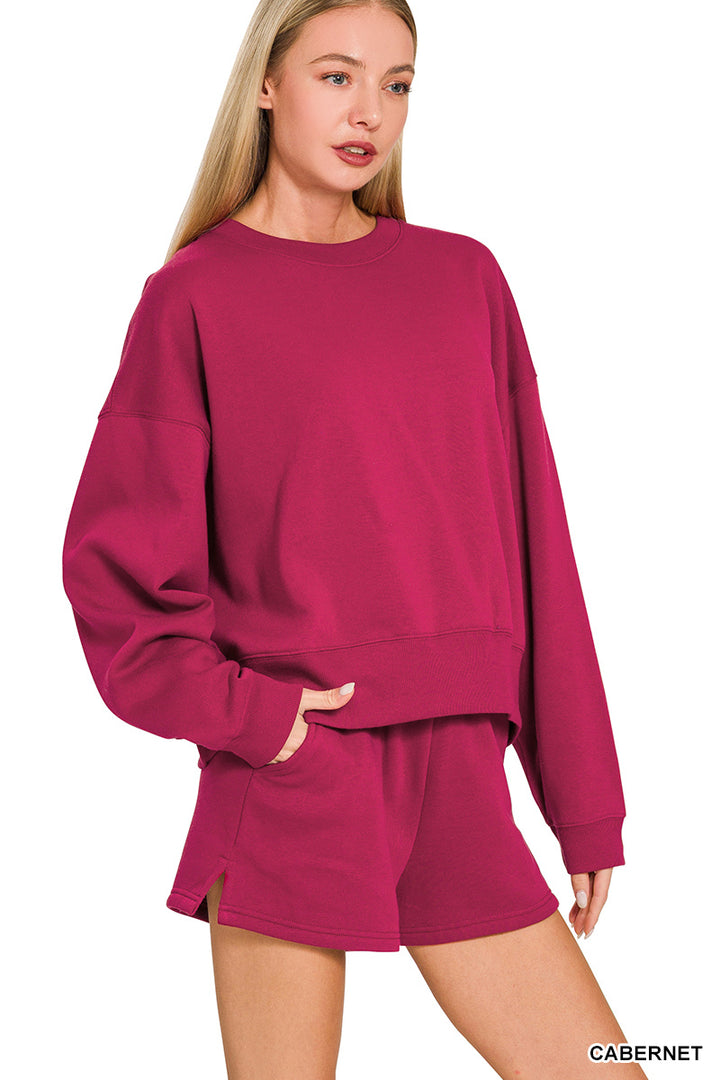 FLEECE ROUND NECK PULLOVER & SHORTS SET-ZENANA
