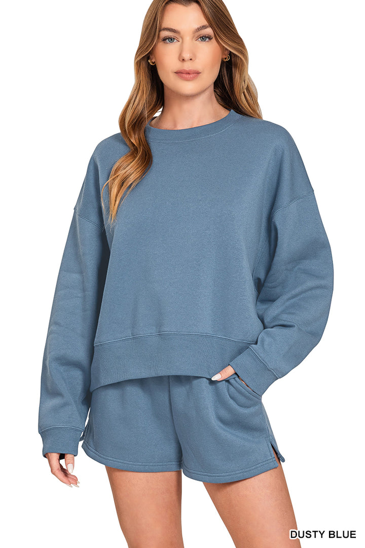 FLEECE ROUND NECK PULLOVER & SHORTS SET-ZENANA