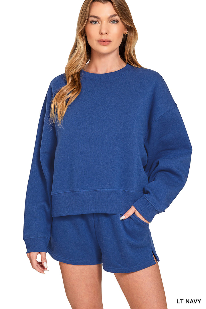 FLEECE ROUND NECK PULLOVER & SHORTS SET-ZENANA