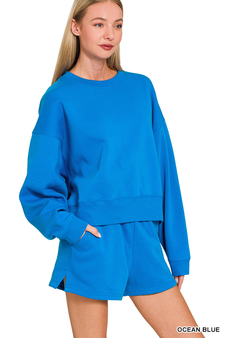 FLEECE ROUND NECK PULLOVER & SHORTS SET-ZENANA