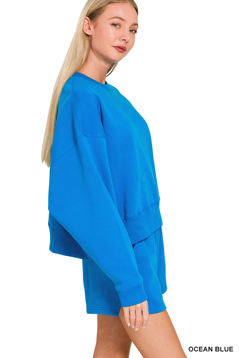 FLEECE ROUND NECK PULLOVER & SHORTS SET-ZENANA
