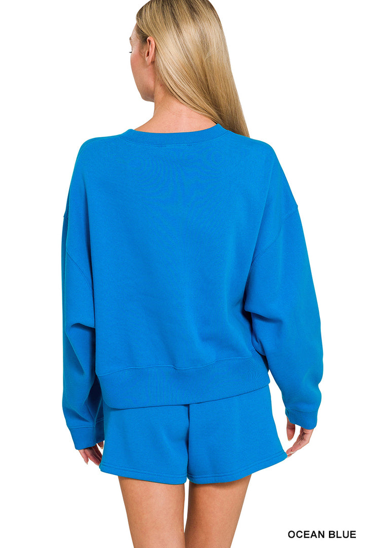 FLEECE ROUND NECK PULLOVER & SHORTS SET-ZENANA