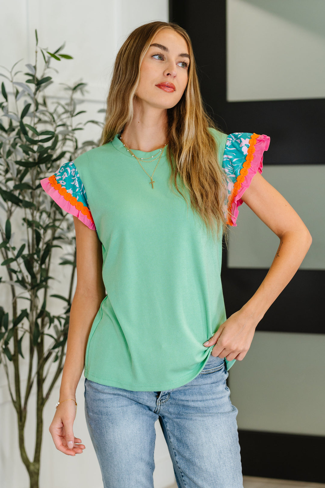 Petals & Poise Floral Flutter Sleeve Top in Green