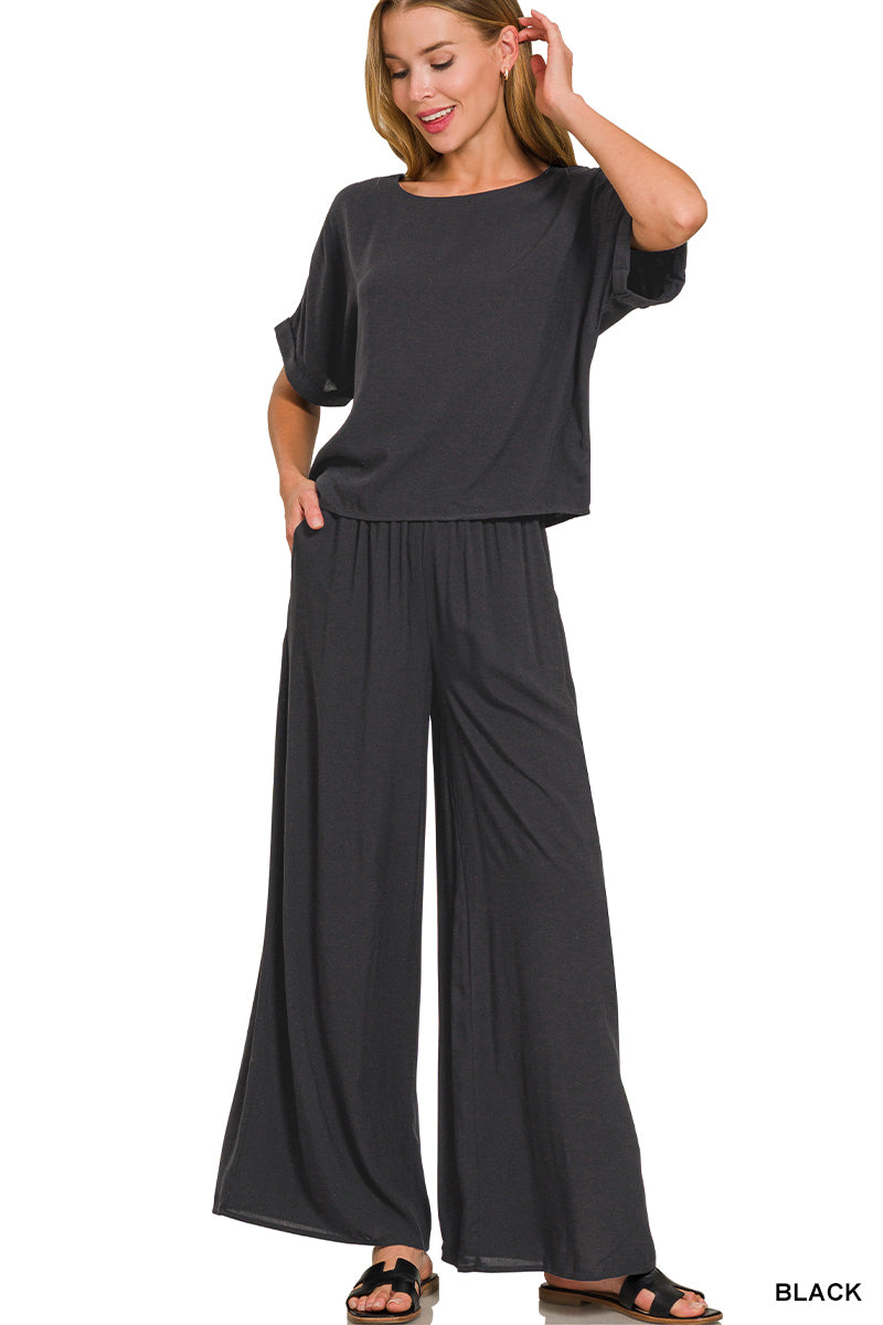 WOVEN SHORT SLEEVE & LONG PANTS SET-ZENANA