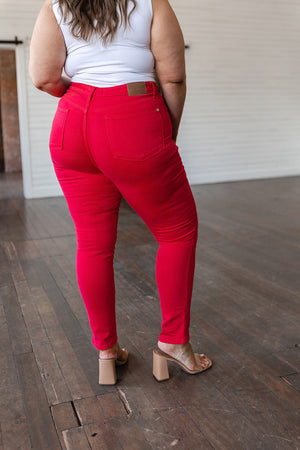 Ruby High Rise Tummy Control Garment Dyed Judy Blue Skinny Jeans in Red