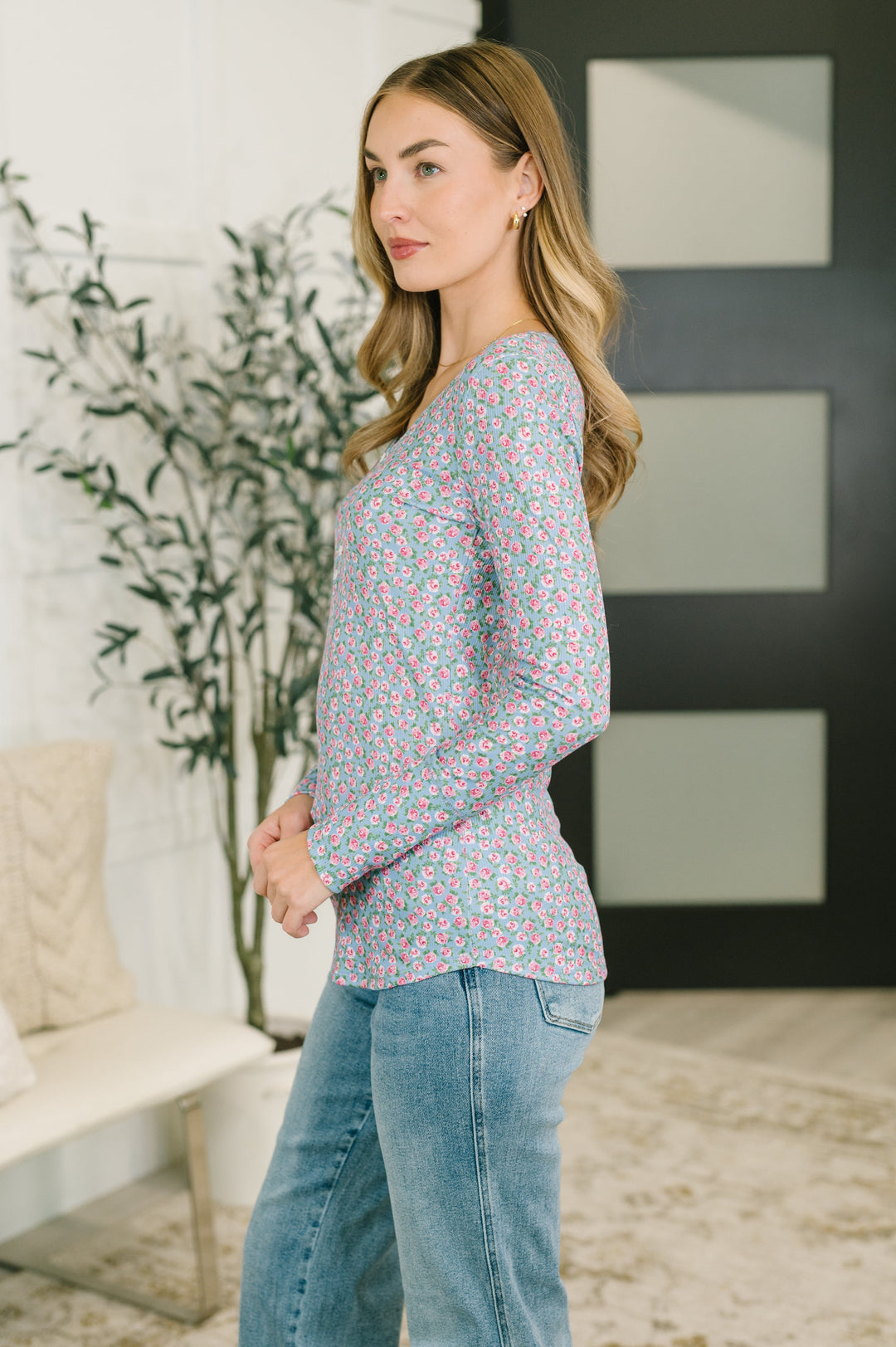 Stop and Smell the Flowers Scoop Neck Henley