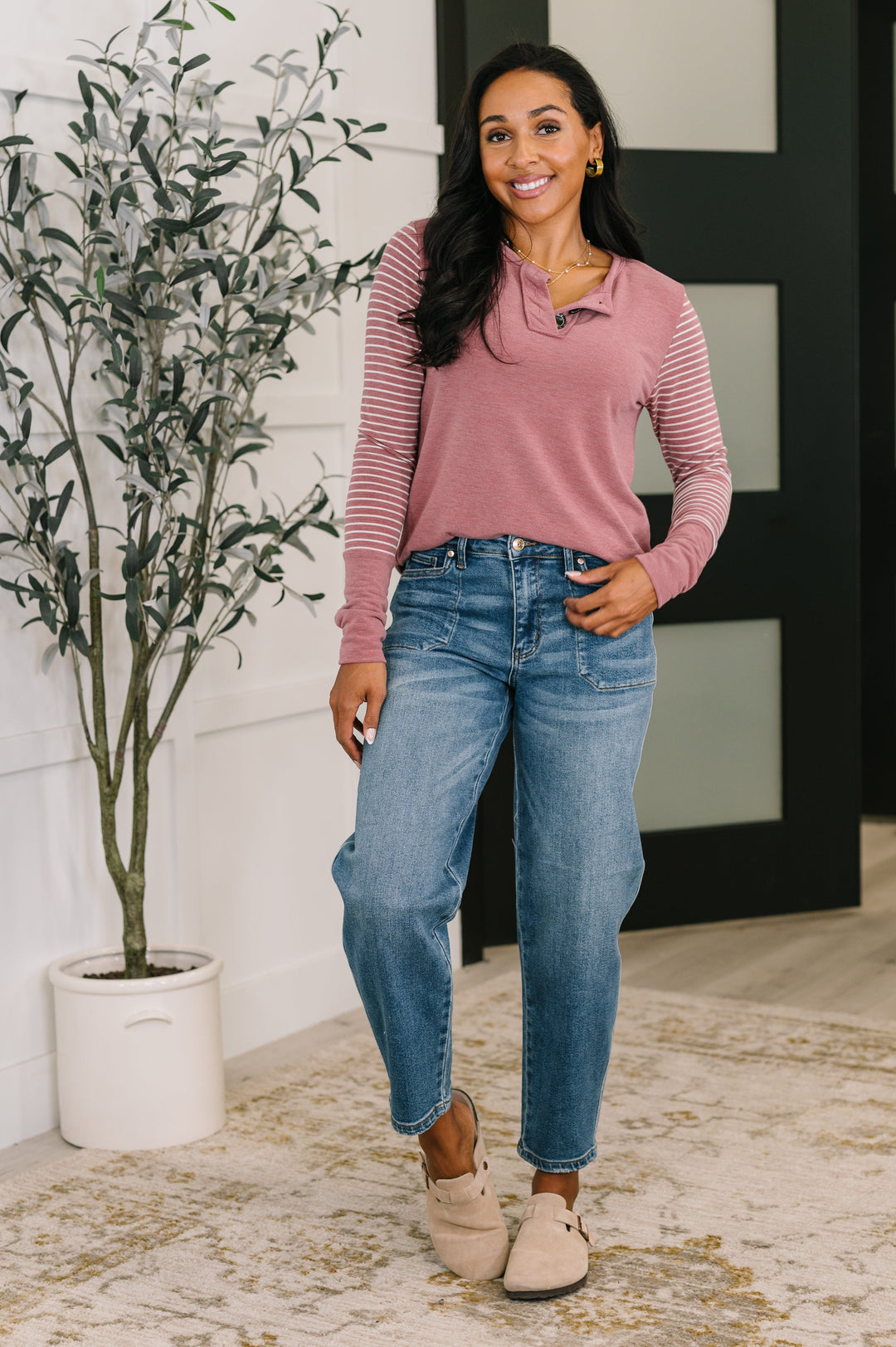 Talk to Me Long Sleeve Henley in Vintage Marsala