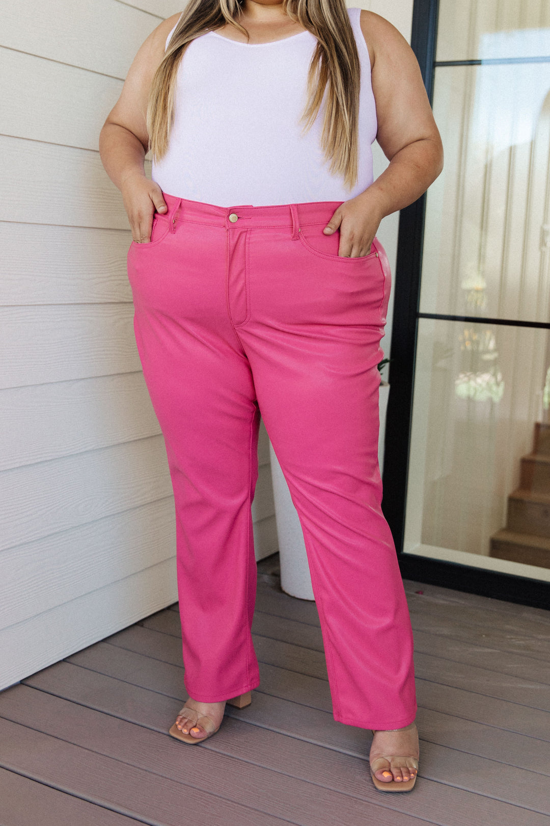 Tanya TUMMY CONTROL Faux Leather Pants in Hot Pink By Judy Blue