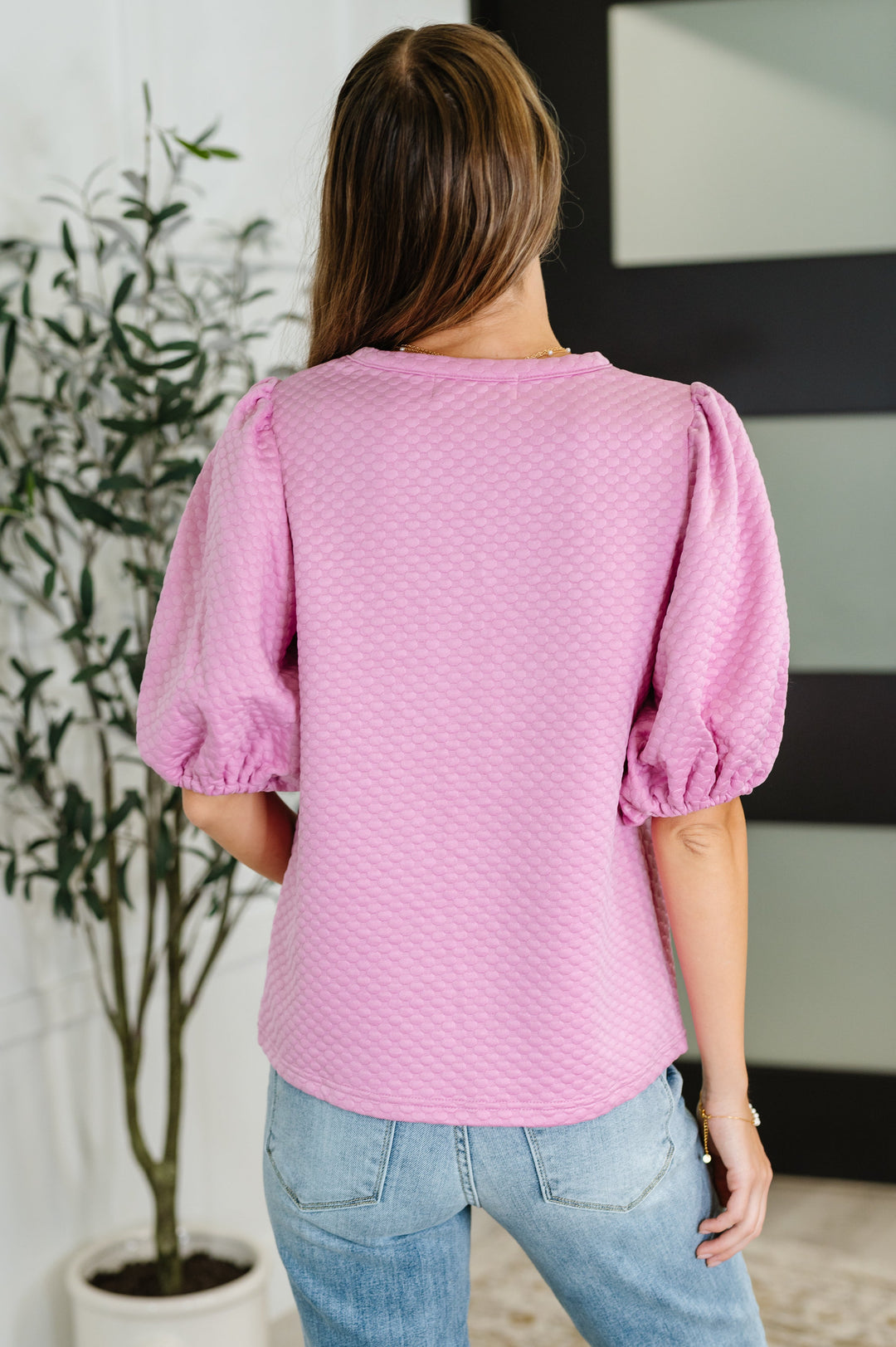 Textured Balloon Sleeve Blouse in Pink