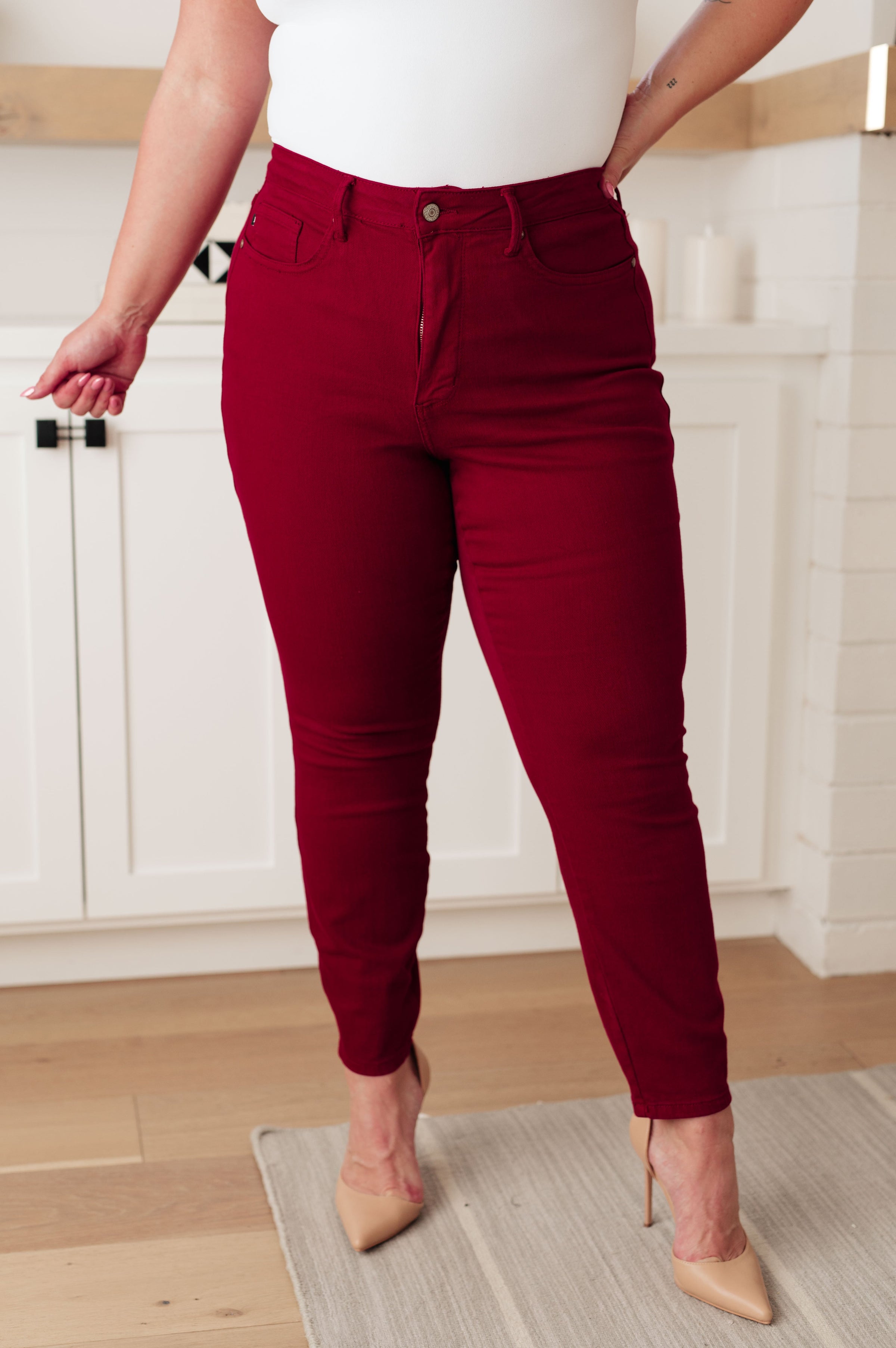 Judy Blue Women's High-Rise Skinny Jeans - Garment Dyed Bone White, Tummy Control, Stretchy