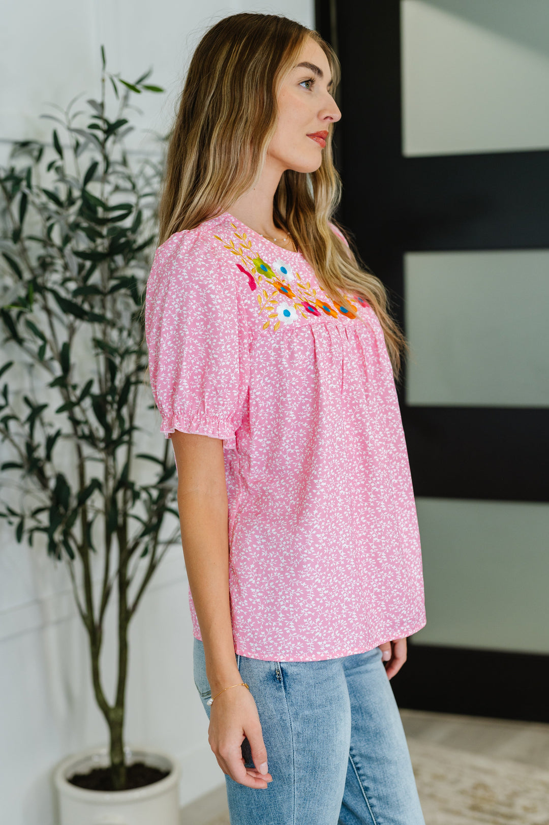 Wander Bloom Embroidered Puff Sleeve Blouse in Pink
